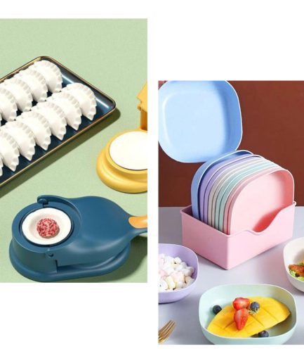 Pack of 2 |10pcs Multi-function Spit Bone Plate Set + 2 In 1 Dumpling Maker | Best Samosa Maker & Household Food Grade Plastic Elliptical Plate For Kitchen (random Color)