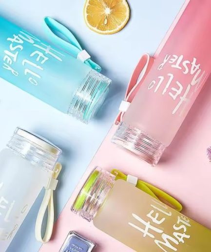 Frosted Glass Water Bottle With Hello Master Decal Logo - 400ml (Random color)