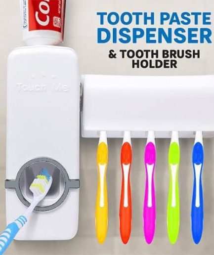 Tooth Paste Dispenser With 5 Brush Holder Wall Mounted Automatic Hands Free Toothpaste Dispenser