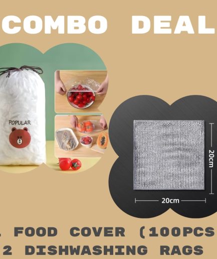 Combo Deal Disposable Food Cover Plastic Wrap 100 Pcs + 2 Pcs Dishwashing Rug | Reusable elastic food storage covers & Metal Wire Dish Washing Rugs For Kitchen