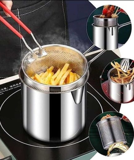 Stainless Steel Deep Fryer Pot with Strainer – Heavy-Duty Frying Pan for Home Kitchen Use – 1200ML Oil Capacity