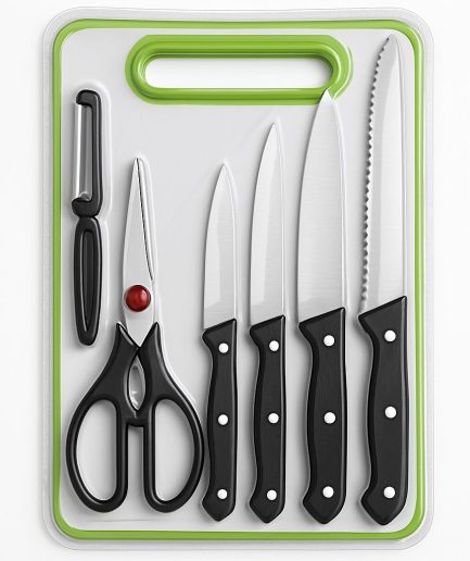 6 in 1 Stainless Steel Knives Set– For meat, bread, fruits, and vegetables | Kitchen Knife Set with Scissors, Peeler & Cutting Board – All-in-One Cooking Essentials with Ergonomic Handles & Sharp Stainless Steel Blades