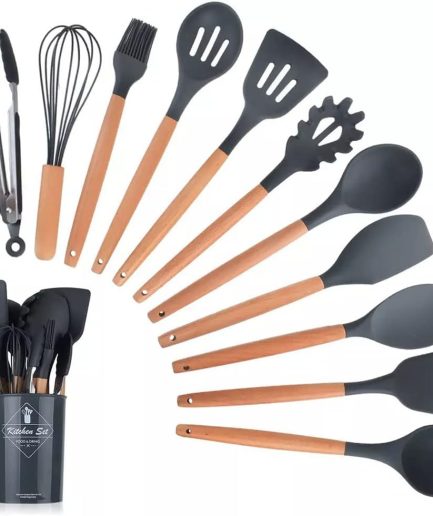 12 Pcs Silicone Cooking Utensils Kitchen Utensil Set | Heat Resistant Kitchen Non toxic Spatula Set with Turner Tongs,Spoon,Brush,Whisk-Wooden Handle - Random Color