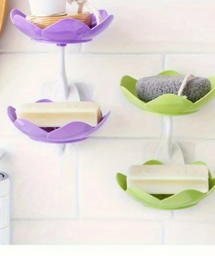 Multicolor Lotus Flower Soap Holder, Double Layer Wall-Mounted, No-Drill with Drainage, Quick-Dry Plastic Bathroom Organizer for Soap Storage, Soap Holder for Bathroom ( Random Color ) - 01 Stand