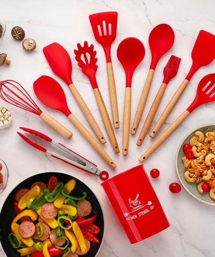 12 Pcs Silicone Cooking Utensils Kitchen Utensil Set | Heat Resistant Kitchen Non toxic Spatula Set with Turner Tongs,Spoon,Brush,Whisk-Wooden Handle - Random Color