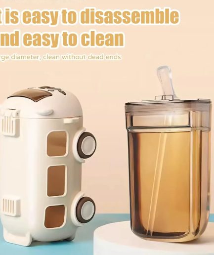 School Bus Design Kids Water Bottle With Strap– 600ml ABS Plastic Leak-Proof Bottle Small Square Drinking Cup – Fun & Durable Water Bottle for Children (Random Color)