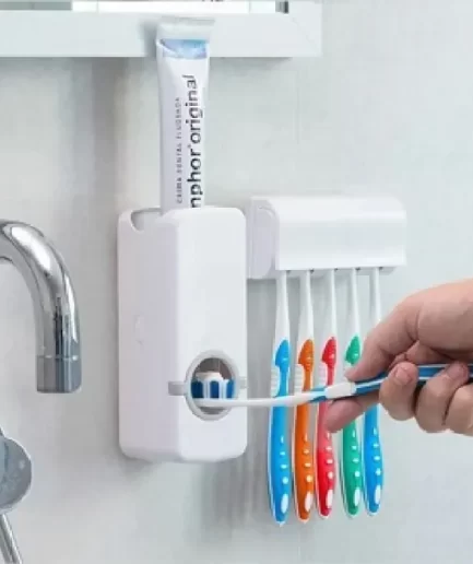 Tooth Paste Dispenser With 5 Brush Holder Wall Mounted Automatic Hands Free Toothpaste Dispenser