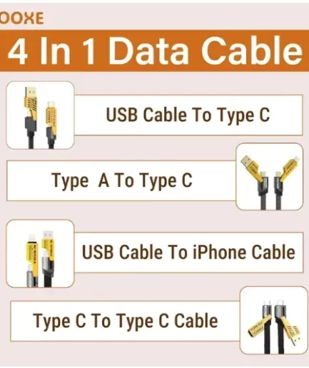 4 in 1 Data Cable – USB-C & Lightning Connectors, Braided Durable Design, Fast Charging & Data Transfer, Black with Yellow Connectors