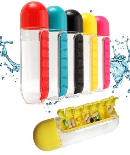 2-in-1 Medicine Organizer with Water Bottle – 7 Days Pill Box, 600ml BPA-Free Drinking Bottle, Removable Cup, Compact Travel Pill Planner for Kids, Adults & Elderly